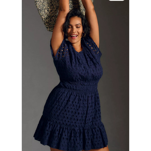 Anthropologie Women's Somerset Eyelet Mini Dress Navy Blue - Size Large - Picture 1 of 10